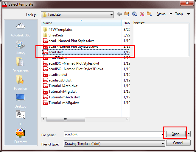 AutoCAD 2005 Select Template Dialog Box