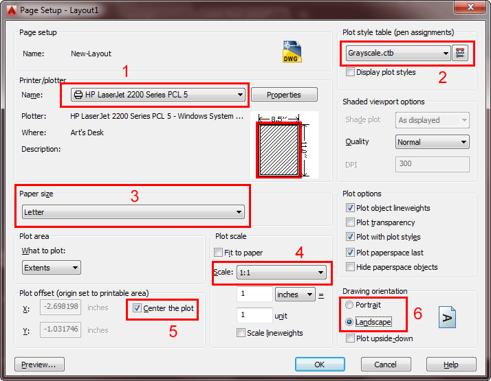 Page setup, Printer, Paper size, centre the plot, scale, landscape, grayscale.ctb, OK