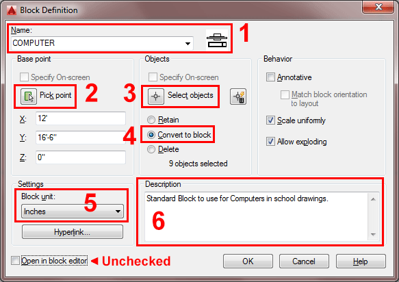 Block Definition Dialog Box