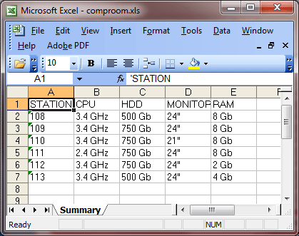 Excel-file, Station, CPU, HDD, Monitor, RAM, Computer room