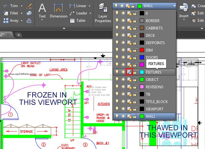 Layers, fixtures, frosen in this viewport, thawed in this view port