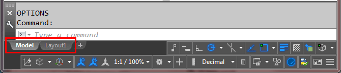model and layot tabs, options, command, model