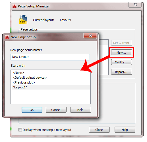 Page Setup Manager, New Page Setup Name, New, Start with