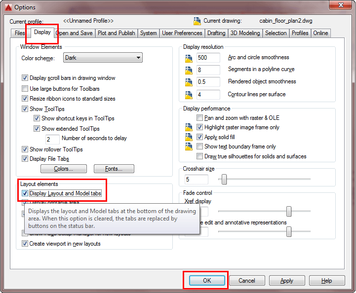 Displays layot model tabs bottom drawing area. When optioncleared tabs replaced buttons on status bar