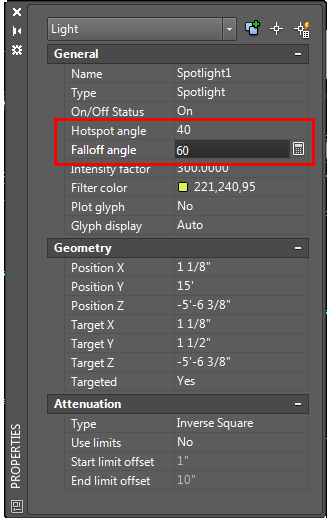 Light, Hotspot Angle 40, Falloff Angle 60, Spotlight on/off