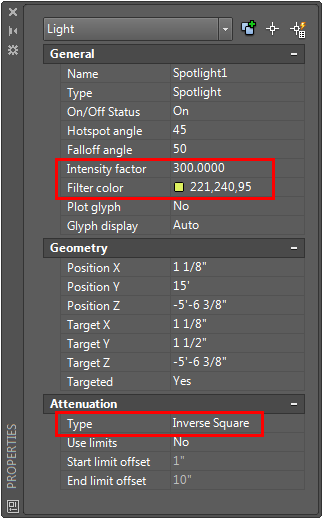 Light, Intensity factor, Filter color, Type