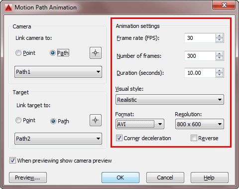 Animation settings, Frame rate (FPS) Number of frames, Duration Format