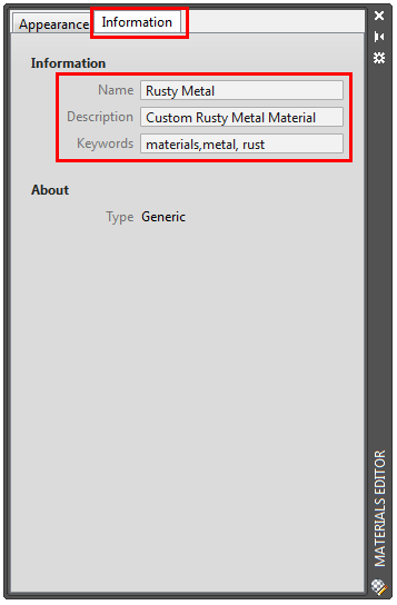 Materials editor, Information, Name, Description, Keywords