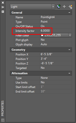 Point light properties in AutoCAD