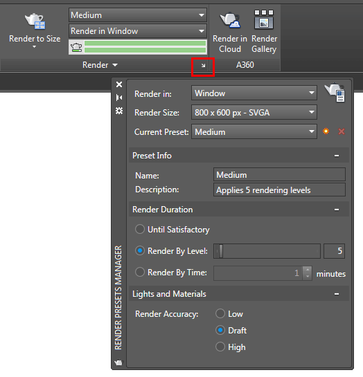 Render settings, Render in window, Render size, render by level, render accuracy