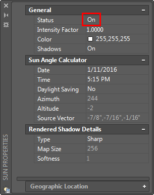 Sun Properties in AutoCAD 2016