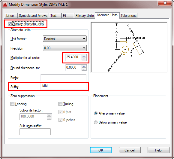 Modify Dimension Style, Dimstyle, Display Alternate units, Multiplier for alt units, suffix, MM