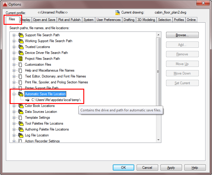 Autosave location. Contains the drive and path for automatic save files.