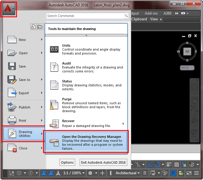 Open the Drawing Recovery Manager in AutoCAD