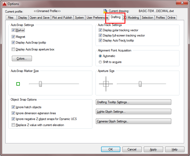 Osnap Settings Dialog Box