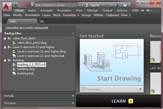 Recover a drawing file in AutoCAD