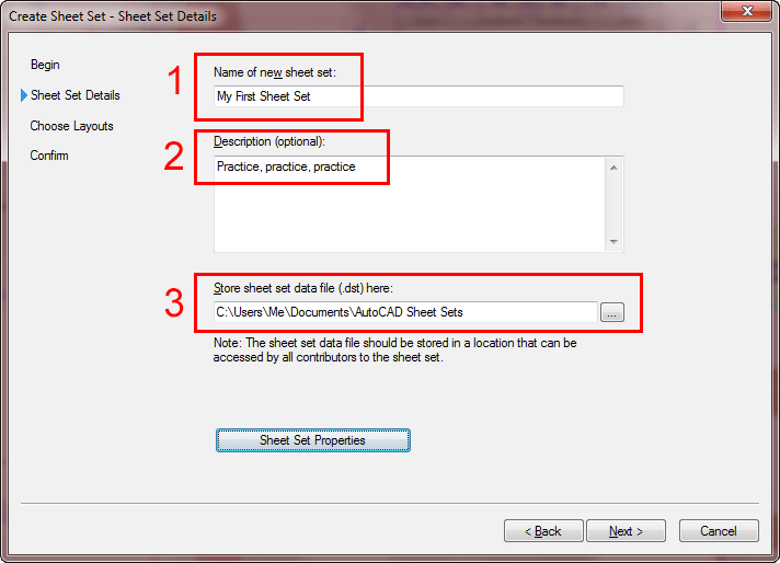 Name of new sheet set, Description, Store Sheet sed data file, Sheet set properties